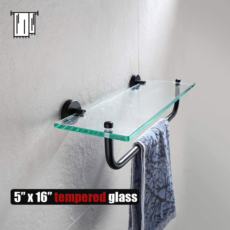 JQK Bathroom Glass Shelf, Shelf with 15 Inch Towel Bar Tempered Glass Shower Storage 16 by 5 inches, 304 Stainless Steel Matte Black Wall Mount, TGS100-PB - Image 4